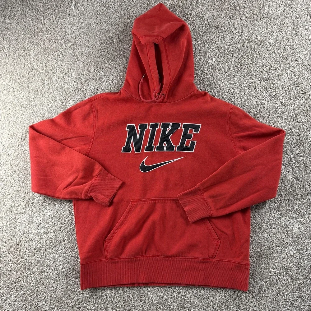 Nike Hoodie Mens Large Red Fleece Pullover Swoosh Logo Graphic Sweatshirt